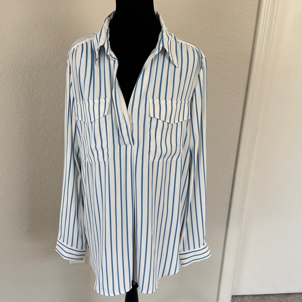 Ann Taylor Blue and White Striped Button Down Shirt